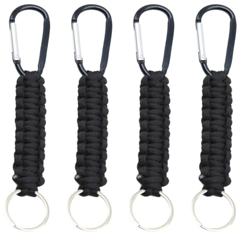 PLABBDPL 4 Pezzi Moschettoni Multipli, Portachiavi Moschettone, Portachiavi Paracord con Portachiavi, Intrecciato con Moschettone e Anello, per Outdoor Sports, Hiking, Pesca, Lanyard per Zaino, Nero