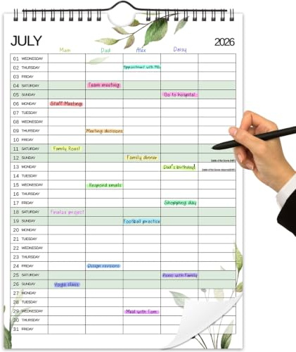 Calendario familiar 2026-2027, planificador familiar de pared A4, diseño de 5 columnas de julio de 2026 a diciembre de 2027, calendario de pared para programación diaria y organización del trabajo