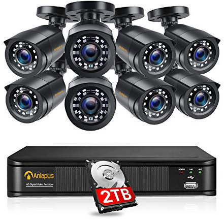 Anlapus 1080P H.265+ Kit Cámaras de Vigilancia Exterior 8CH Videograbador DVR con 8 Cámaras de Seguridad 2TB Disco Duro, Visión Nocturna, Alarma Email, P2P