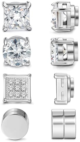 Jstyle 4 Pairs Stainless Steel Magnetic Stud Earrings for Men Women Silver Tone CZ Non-Piercing Clip On Stud Earrings Set 6-8MM