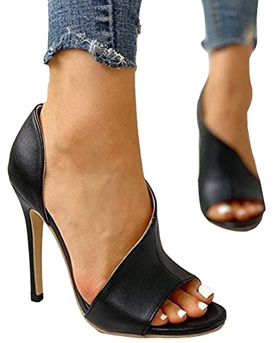 ORANDESIGNE Estate Donna Sintetico PU Pesce Bocca Punta Aperta Sexy Roma Tacchi Alti Sandali Décolleté Punta Aperta Hasp Fine con Sandali Matrimonio Prom Party A Nero 39 EU