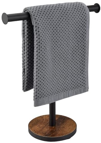 BCOZLUX Towel Holder Stand, Countertop Hand Towel Stand for Bathroom and Kitchen, Free Standing Counter Towel Rack with Weighted Wood Base, Rustic Black and Brown