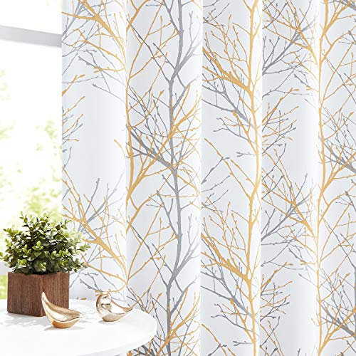 Fmfunctex Yellow Blackout Curtains for Bedroom 54 Drop Tree Branch Eyelet Curtains for Living Room Thermal Insulated Window Curtain Drapes for Dining Room 2 Panels