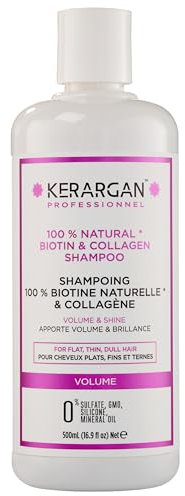 Kerargan - Volumenshampoo mit Biotin & Kollagen - Für platte, feine, matte Haare - Stärkend, glänzend, feuchtigkeitsspendend - Ohne Sulfate, GVO, Silikone, Mineralöl - 500ml
