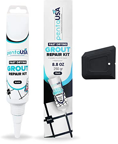 PentaUSA Joint Carrelage - Colle Carrelage, Joint Salle de Bain, Remplissage Répare et Renouvelle, Mortier Pour du Carrelage, Kit Reparation Carrelage - Avec Spatule (250g - Noir)