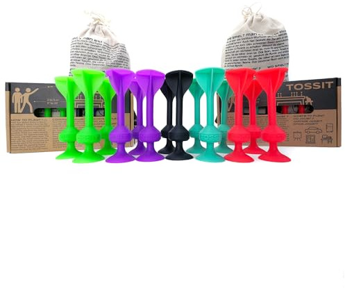 TOSSIT Jeu Fléchette Ventouse, Pétanque Intérieur Extérieur pour Sol et Mur, Silicone Puissant et Durable, Twin Pack, Rouge Cyan Violet Vert