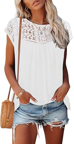 WNEEDU Blusas Mujer Verano Encaje Camisetas Camisa Manga Corta Top Elegante | Cuello redondo, versátil, casual