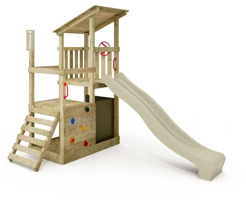 FATMOOSE Spielturm Klettergerüst FruityForest Fun XXL mit salbeigrüner Rutsche, Outdoor Kinder Kletterturm mit Sandkasten, Leiter & Spiel-Zubehör für den Garten