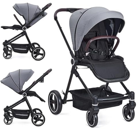 GarveeMore 3 In 1 Kinderwagen, Klappbar Kinderwagen, Liegebuggy Mit Umkehrbarem, Babywanne Buggy, Sportsitz, Moskitonetz, Regenschutz, FußSack, Liegeposition, 4 RäDern & Aufbewahrungskorb (Grau)