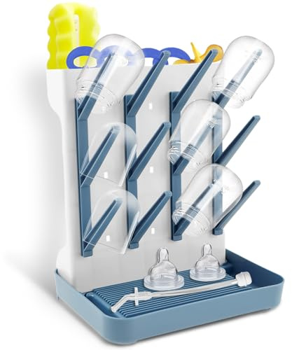 Baby Bottle Drying Rack Vertical Standing Bottle Dryer Rack Holder with Bottom Drip Tray Standing Dring Rack for Baby Bottles Bottle Dryer Stand Baby Bottle Storage Organizer for Countertop (blue)