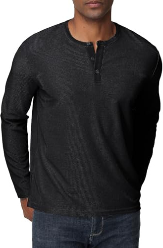 Henley T-shirt à manches longues pour homme - T-shirt gaufré - Chemise de loisirs classique à 3 boutons - T-shirt Henley avec col rond, Noir , L