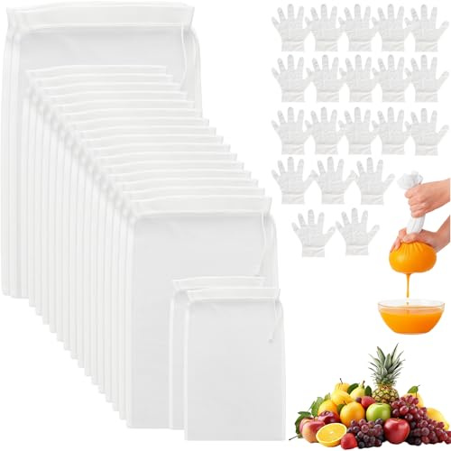 20 Pcs Nut Milk Bag with 20 Gloves, 3 Sizes Reusable Fine Mesh Strainer Bags with Drawstring for Straining, Washable 100 Mesh Filter Bags for Cooking, Yogurt, Jam Making, Juice