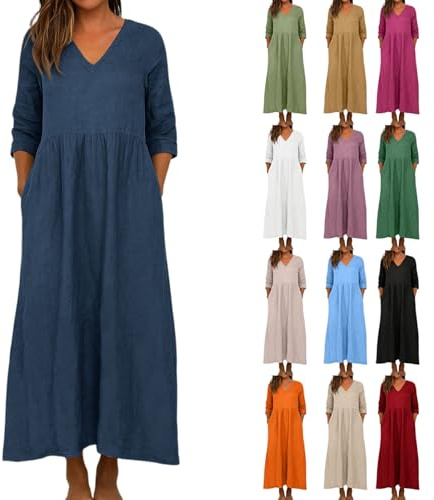 Women's Casual Linen Dresses Oversized 3/4 Sleeve V Neck Cotton Linen Maxi Dresses with Pockets Calssic Flowy Solid Color Beach Vacation Long Dress