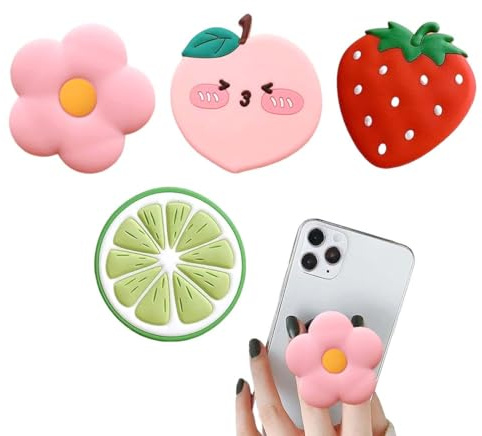 JUGUTA 4Pcs Soporte Y Agarre Para Teléfonos Móviles Y Tablets,Soporte De Anillo De Agarre Para Teléfono Móvil,Agarre Seguro,Comodidad Diaria Para Smartphones Y Tabletas, Plegable Y Retráctil(Fruta)