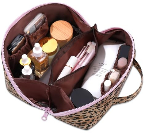 MOFASVIGI Travel Makeup Women Bag Leopard Make Up Flat Open Toiletry Bag | Cosmetic Bag for Women with Divider and Handle for Cosmetic, Travelling, Gym, Shower, Toiletries Travel Essentials