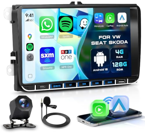 Radio Coche 4G+128G para VW Jetta Golf Passat Tiguan Seat Touran Skoda con CarPlay/Android Auto, pantalla táctil IPS de 9 Autorradio con GPS, WiFi 5G, USB, Tipo-C, Bluetooth 5.0, ecualizador y cámara