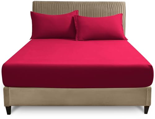 GC GAVENO CAVAILIA Double Fitted Sheet | 25cm Deep Polycotton Bed Sheet | Soft, Durable & Wrinkle Resistant Easy Care Plain Dyed Bedding | Red Deep Mattress Bottom Sheet - 135 x 190 cm