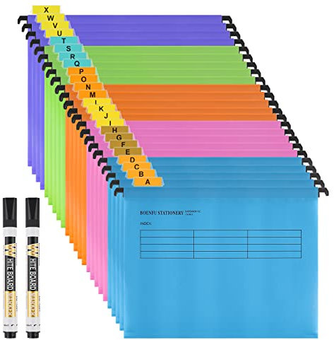 BOENFU A4 Hängemappen, 24 Stück, Polypropylen für Hängemappen, A4, Aktenschränke mit Registern, Karteneinsätzen und löschbarem Stift für Schule, Arbeit, Büro, Organisation (24 Stück）