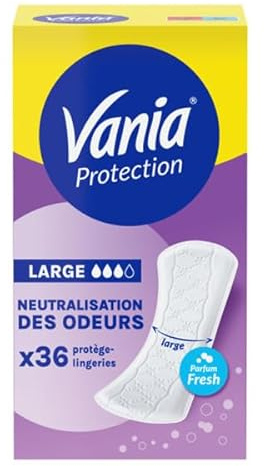 Vania – Protège-slips Protection Large Parfum Fresh (boîte de 36 pièces) – Protège-lingeries avec neutralisation des odeurs – Protection hygiénique longue durée et voile testé dermatologiquement