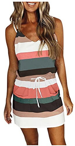 Sommerkleid Damen Kurz - Spaghetti Träger Kleid Damen Sommer -Gestreifte Minikleid Damen Sexy Ärmellos V Ausschnitt Kleider Strandkleid Sommerkleider Teenager Mädchen Trägerkleid Partykleid