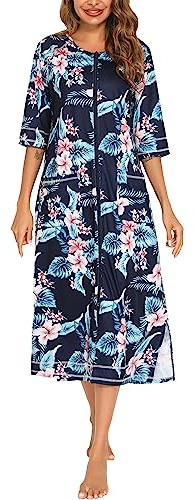 KBOPLEMQ Bata de casa para mujer, batas con cremallera frontal, albornoz con medias mangas, abrigo de cuerpo completo de algodón suave con bolsillos, ropa de dormir cómoda, bata de baño larga