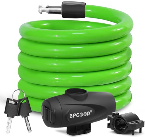 SPGOOD Cerradura de bicicleta 120cm / 12mm, cerradura de cable de bicicleta espiral antirrobo, con dos llaves, adecuada para bicicletas, triciclos, motocicletas, scooters, cochecitos de bebé(Verde)