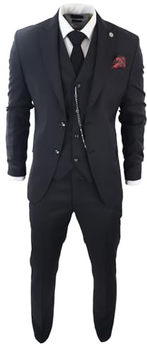 Mens Classic 3 Piece Suit Black Pocket Chain Wedding Tailored Fit Vintage Formal - Black 44