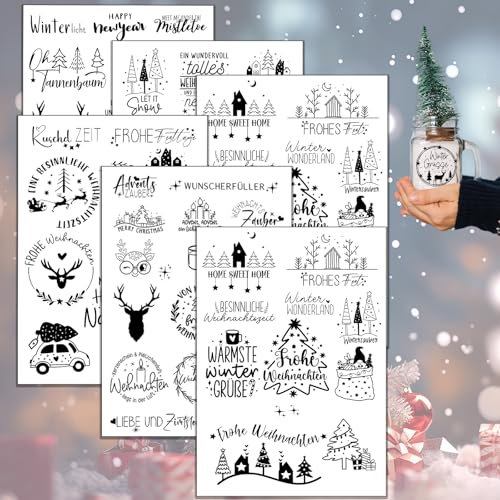 6pcs Glitzer Weihnachtsaufkleber, Aufkleber Weihnachten, 3 Stück A5, Selbstklebende Sticker für DIY Karten, Fenster und Adventskalender, Weihnachtsdeko Aufkleber mit Elchmuster und festlichen Motiven
