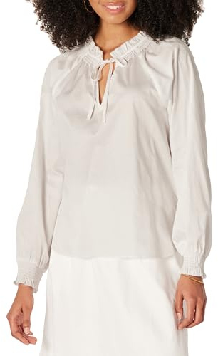 Amazon Essentials Chemisier Décontracté à Manches Longues et Col à Volants en Satin de Coton (Jupe Vendue Séparément) Femme, Blanc, XL
