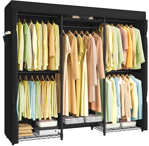 SONGMICS Heavy-Duty Clothes Rack, Garment Rack, Portable Closet, 68.7-Inch Wide Clothing Rack with Adjustable Mesh Shelves and Hanging Rails, Ink Black ULGR435B01