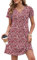 PLOKNRD Damen Sommerkleid 2025 Elegant Plissiert Freizeitkleid Gekerbter V-Ausschnitt T-Shirt Kleid Knielang mit Taschen(Rote Blumen,XL