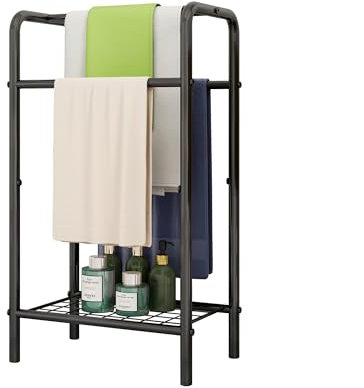 VERFARM 3 Tier Freestanding Towel Rack, Anti-rust Coating Metal Towel Rail Towel Holder with Storage Shelf, Bathroom Accessories Organizer for Bath Storage & Hand Towels, Washcloths, Black