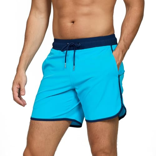 TMEOG Bañador Hombre Short de Playa Surf Secado Rapido Pantalones Cortos Cordon Bañadores Piscina Natacion Retro Traje de Baño con Bolsillo y Forro de Malla Swimming Shorts(Azul Cielo,M)