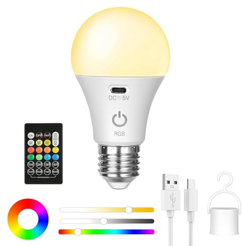 AUAUY LED Camping Light with Remote & Hook, USB Rechargeable E27 Light Bulb | for Tents, 8 Dimmable Colours , 4 Dynamic Modes & Timer, Smart Light Bulb for Outdoor Camping Emergency Party Bar KTV
