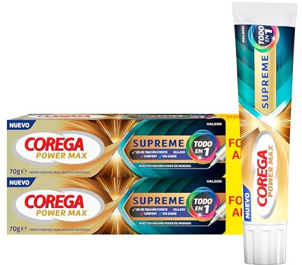 Corega Supreme Todo en 1, Crema Fijadora Para Prótesis Dentales, Con la Mejor Tecnología de Poder de Mordida de Corega, Fijación Fuerte, Sellado, Comodidad, Sin Sabor, Pack de 2 x 70 g