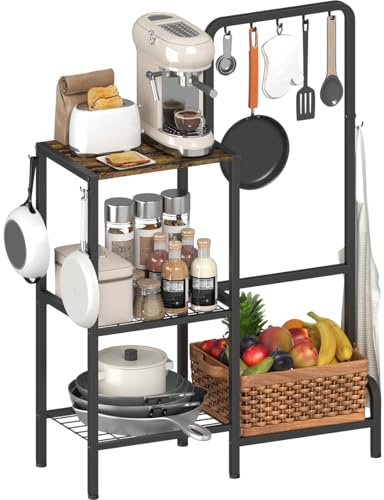 Mocomax 3-Tier Pot and Pan Organizer Rack, Free Standing Cookware Storage Stand, Multifunctional Metal Corner Shelf Holds 50LB, Pan Pot Lid Tower Holder with 8 Hooks for Kitchen Pantry and Home, Black