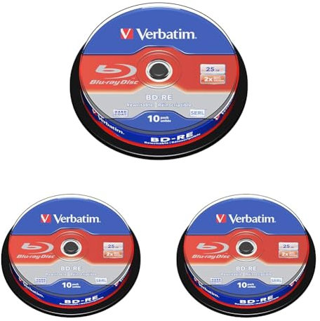 Verbatim BD-RE Single Layer Blu-ray Rohlinge 25 GB, 2-fach Schreibgeschwindigkeit, Kratzschutz, 10er-Pack Spindel, Blu-ray-Disks für Video- und Audiodateien