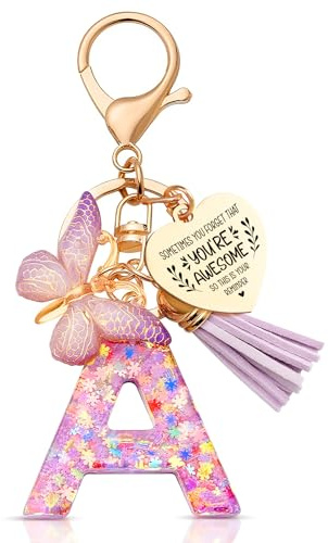 Anruzon Initial Letter Keychain, Women Tassel Butterfly Pendant Pink Purple Cute Car Keyrin, Purple and Gold Resin Alphabet Key Ring for Wallet, Personalised Keyring Bag