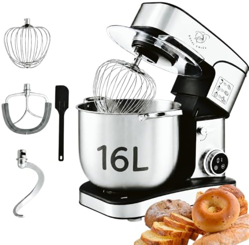 Royal Swiss® Impastatrice Planetaria Professionale 2800W 16L XXXXL – Robot da Cucina con 12 Velocità, Timer LED Touch, Ciotola Inox, Tritacarne, Gancio, Frusta – Mixer per Pane, Pizza, Dolci