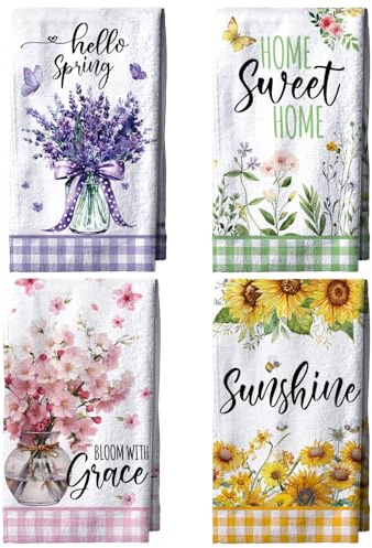 tineit Spring Kitchen Towels, Floral Hand Towels for Bathroom Set of 4, 18x26 in Spring Dish Towels for Kitchen Seasonal Decoration