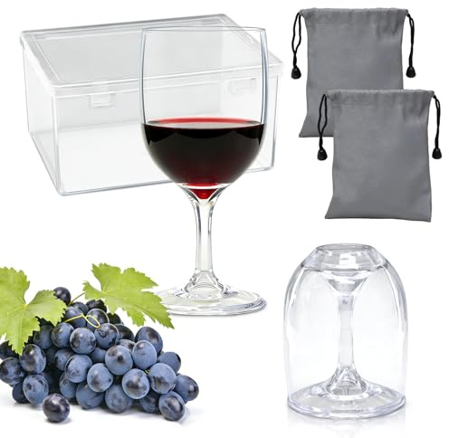 TEUYOE 2 stycken camping vinglas, 200 ml vinglas plast att med vattentät väska och förvaringslåda, för fester, resor, camping, picknick, rött vin, vitt vin, cocktails