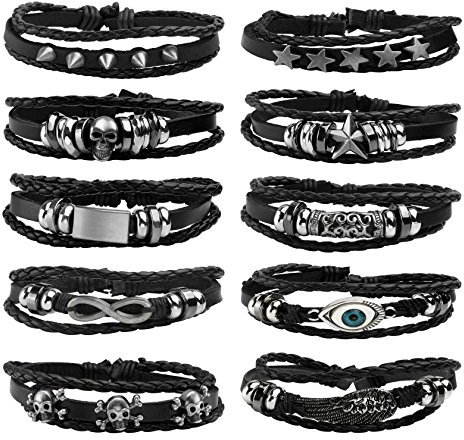 MILAKOO 10 Stück geflochtene Lederarmbänder für Männer Frauen Punk Schädel Armband