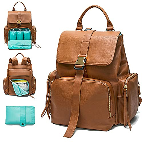 MOMINSIDE Diaper Bag Backpack with 14 Pockets, Leather Baby Bag, pañaleras para bebe Baby Registry, 4 Insulated Pockets, Changing Pad, Stroller Straps (Brown)