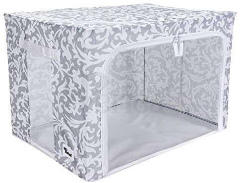 Periea ‘Beau’ Folding Collapsible Stackable Fabric Home Storage Boxes with Steel Frames (Grey Damask, Large)