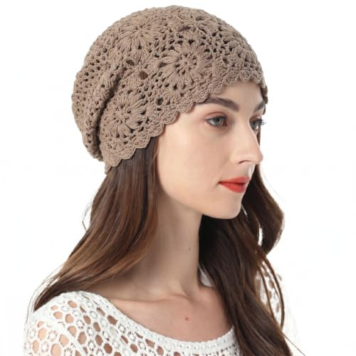 ZLYC Bonnets Printemps Automne Bonnet Souple au Crochet Fait Main pour Femmes(Uni Kaki)