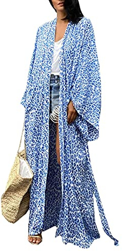 FSMO dam kimono cardigan, lång bikini cover-up, sommar maxiklänning, lätt strandjacka, strandkläder, blå, En Storlek