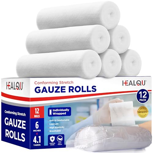 HEALQU Premium Gauze Rolls - 6' x 4.1 Yards - 12 Rolls, Individually Wrapped Conforming Stretch Gauze Bandage - Super Soft Woven Stretch Bandages for Primary Wound Dressing Support