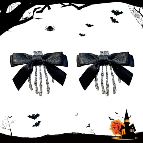 TONAUP Halloween Skeleton Hair Clip, 2 Piezas Horquillas Craneales de Garra Horquillas para el Tocado de Ropa con Lazo Retro Negra para Chica Horquilla Fiesta de Terror de Halloween