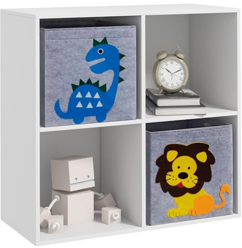 ZONEKIZ Scaffale Portagiochi per Bambini, Libreria per Bambini con 4 Scomparti e Contenitori per Cameretta e Scuola, 61.8x29.9x61.8cm, Bianco