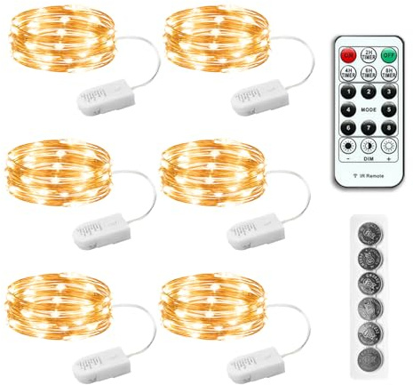 SINAMER 6PCS Fairy Lights Battery Powered with Remote, 7ft 20LEDs Warm White Twinkle Mini Lights with Timer, Waterproof Small Silver Wire Firefly Starry for DIY Wedding Party Christmas